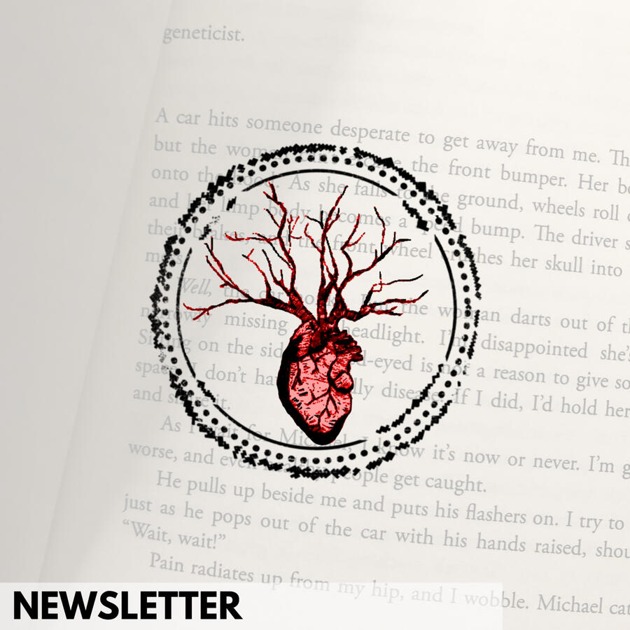 "a newsletter from the desk of just another Elizabeth" / an anatomical heart that branches into a tree inside a stamp mark is in the center of the image and the background is a photograph of the first page of the book Another Elizabeth by Elle Mitchell