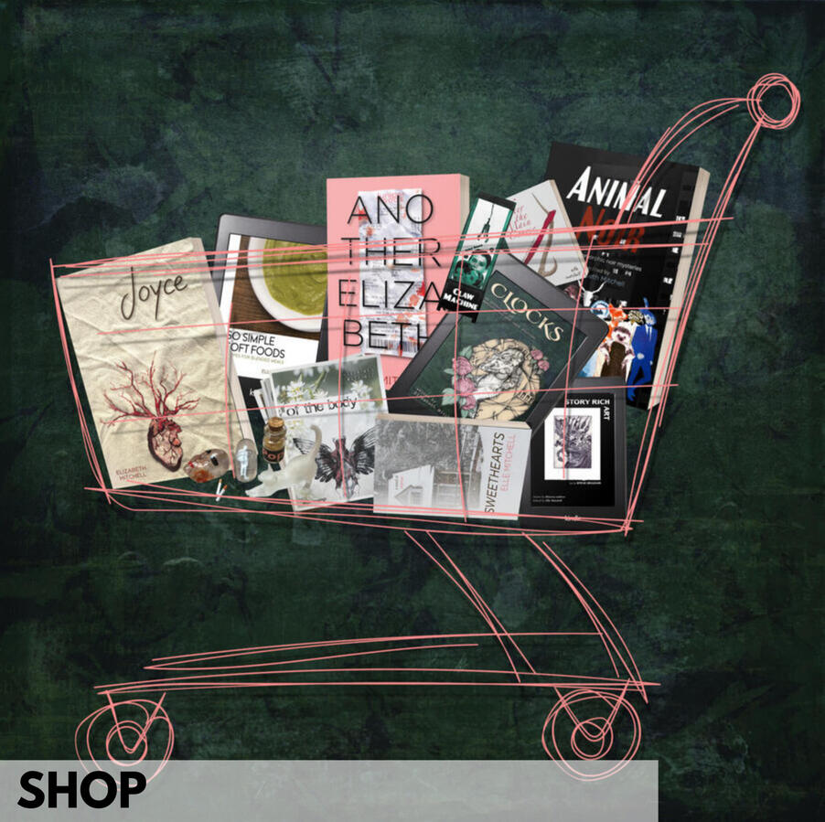 Sketchy peach shopping cart with Little Key items in it on a green mottled background.