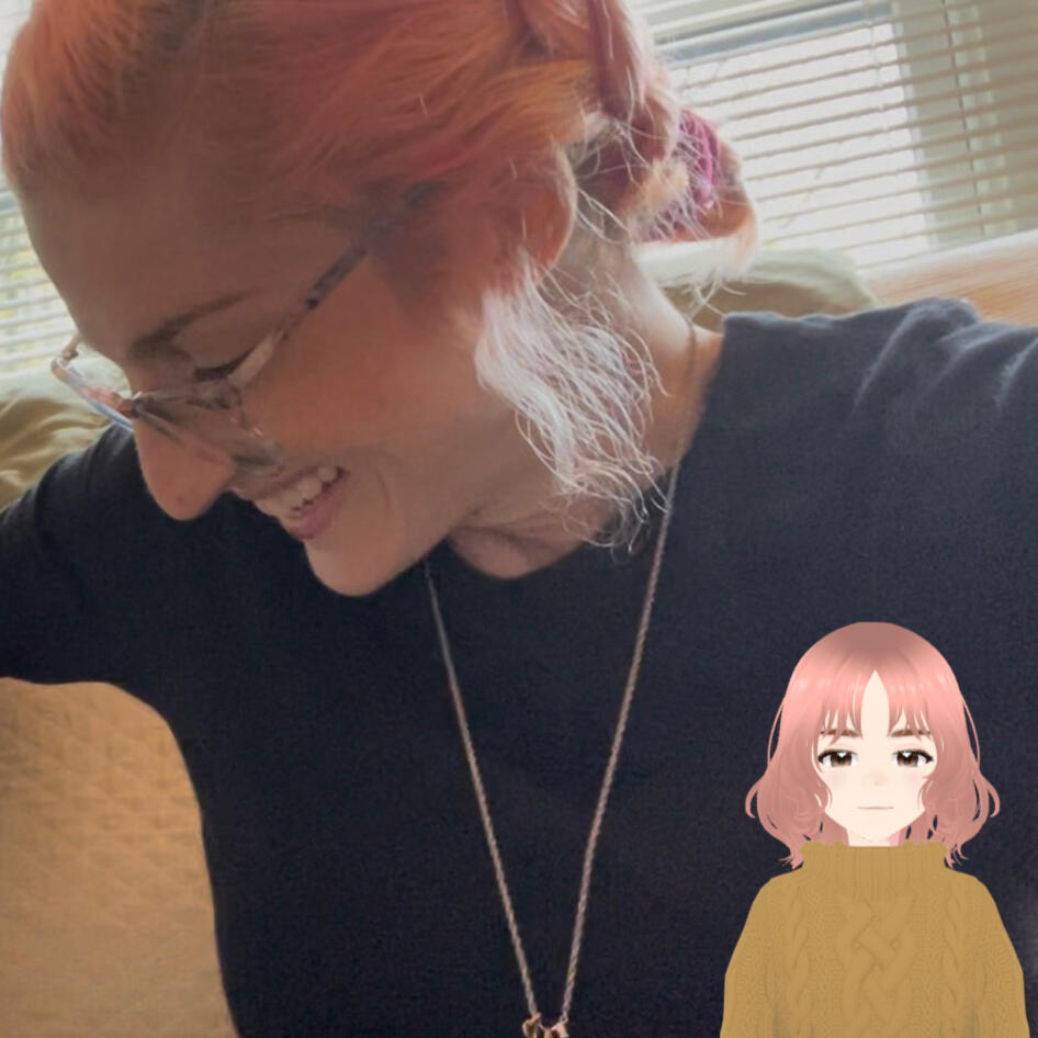 Photo of Elizabeth Mitchell / woman with peach hair and glasses, wearing a black shirt laughing and looking down to her right | an avatar of a peach haired character in a camel colored sweater is overlayed on the bottom left side of the image.