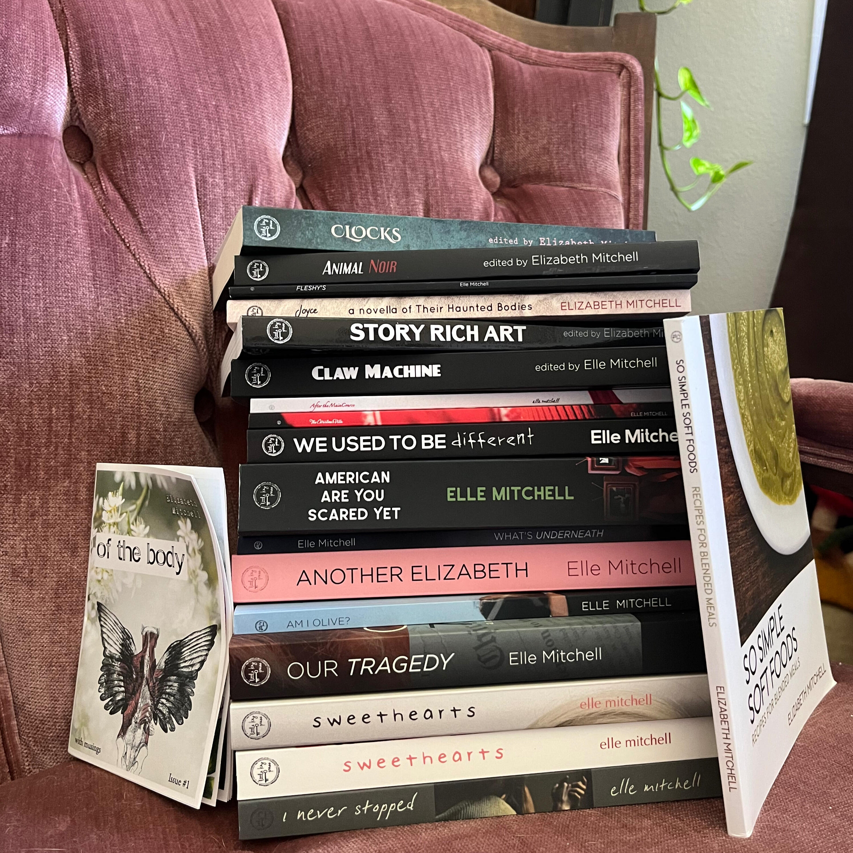 A stack of every title published from the Little Key Press on a blush colored velvet chair with a pothos in the right corner