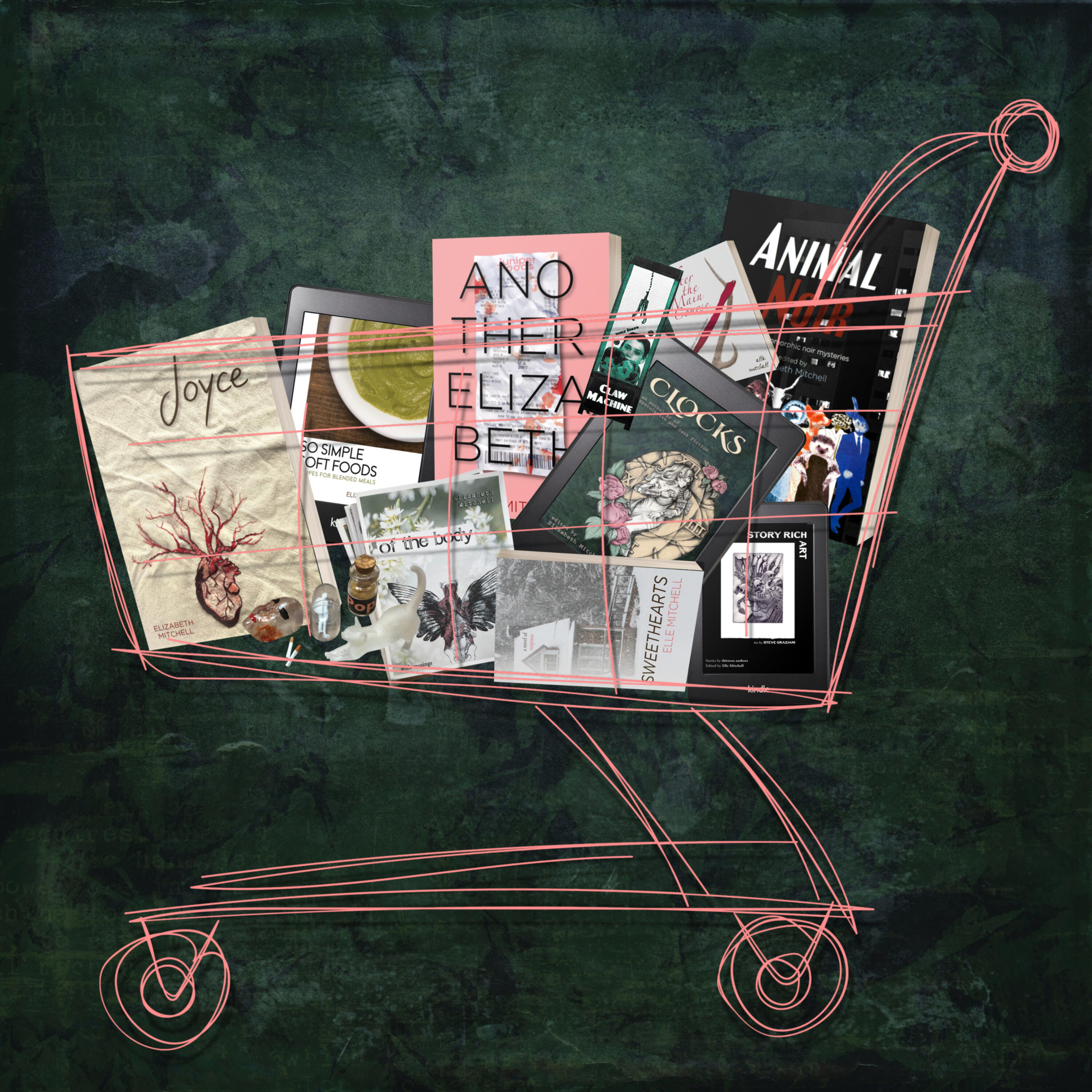 Sketchy peach shopping cart with items in it on a green mottled background. The items: The books Joyce, So Simple Soft Foods, Another Elizabeth, After the Main Course, Animal Noir, Clocks, Story Rich Art, and sweethearts, the first issue of The Little Peri